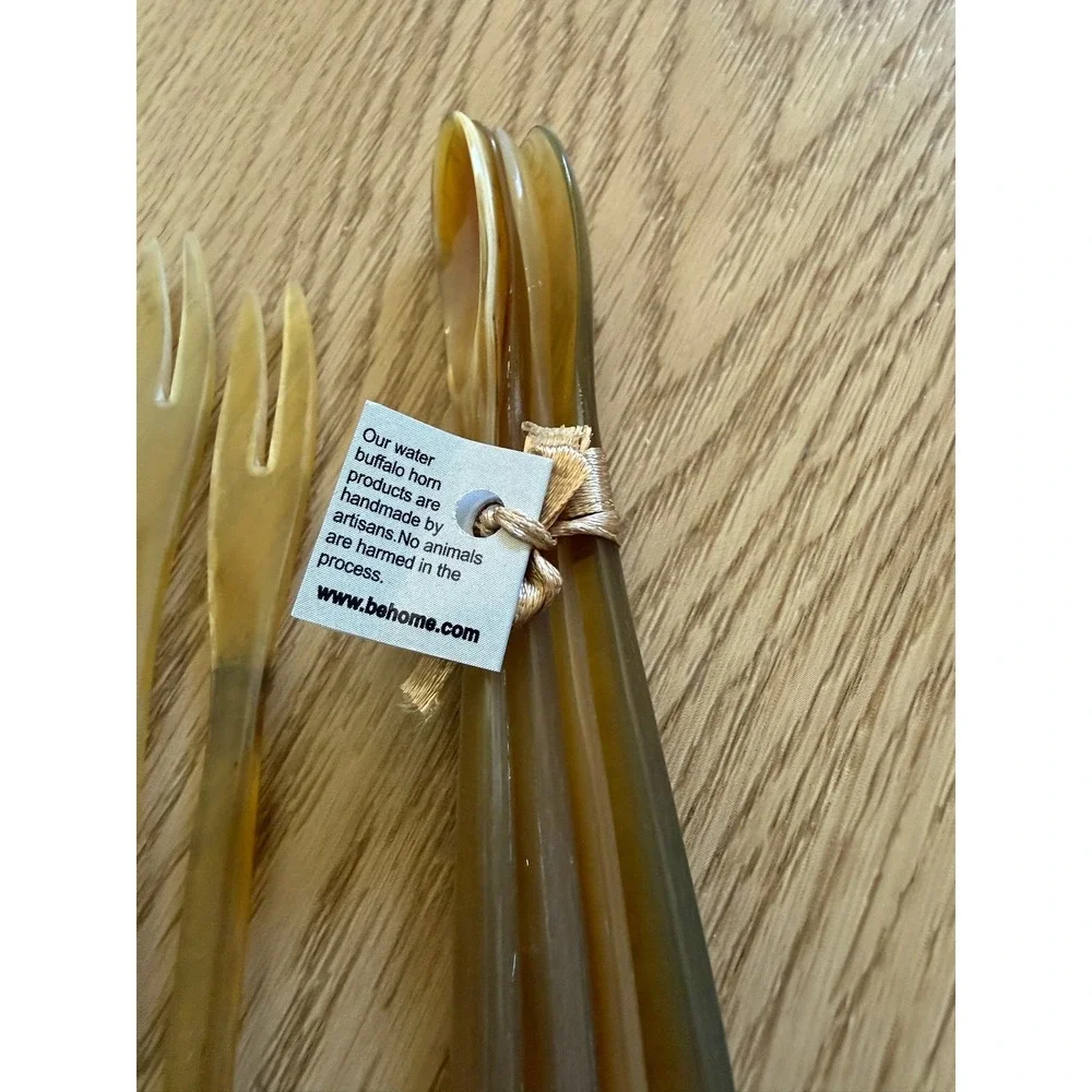Be Home Water Buffalo Horn Appetizer Set 4 Forks 4 Spoons Natural Amber Handmade